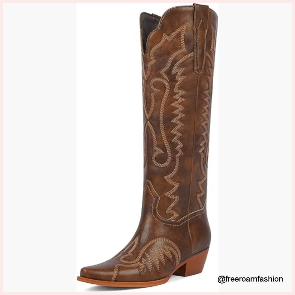 Knee High Cowboy Boots Chunky Heel Embroidery Western Boots